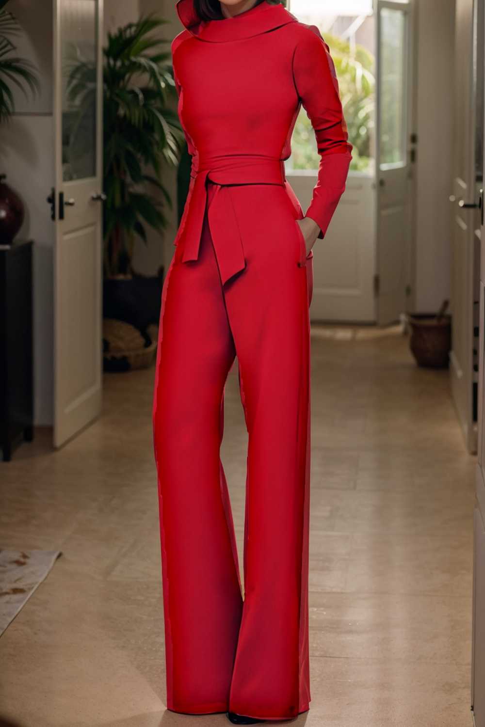 solid five point sleeve belted wide leg jumpsuit 105284