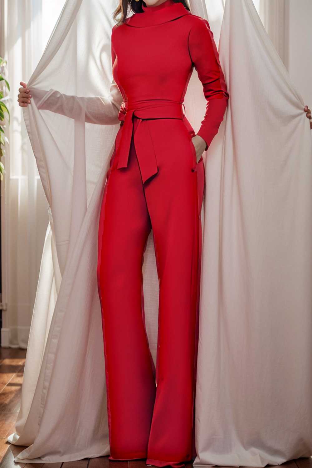 solid five point sleeve belted wide leg jumpsuit 105283