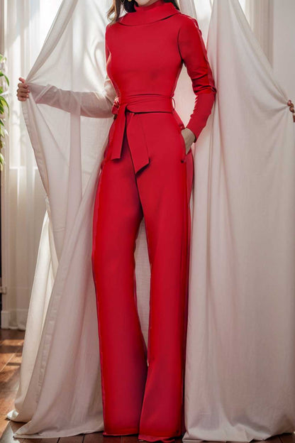 solid five point sleeve belted wide leg jumpsuit 105283