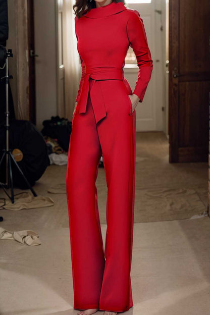 solid five point sleeve belted wide leg jumpsuit 105281