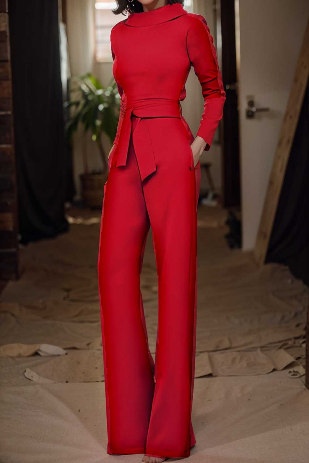 solid five point sleeve belted wide leg jumpsuit 105279