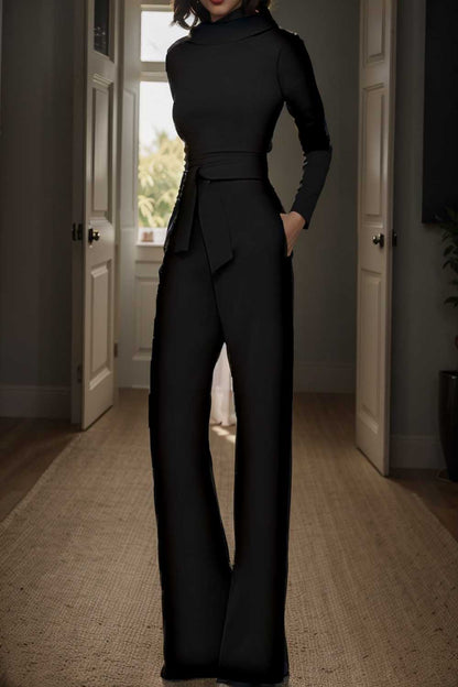 solid five point sleeve belted wide leg jumpsuit 105276