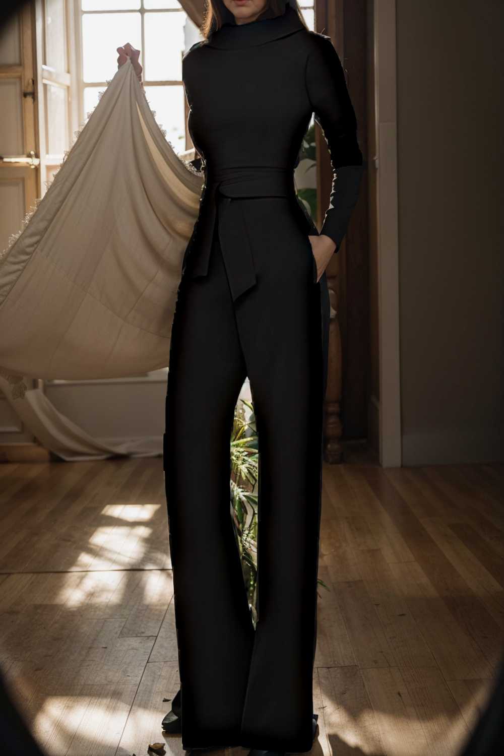 solid five point sleeve belted wide leg jumpsuit 104932