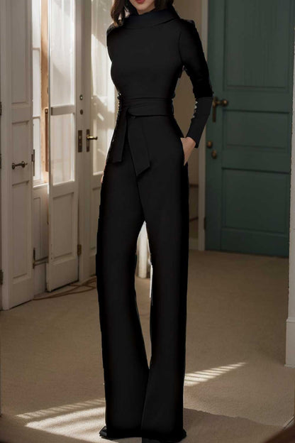solid five point sleeve belted wide leg jumpsuit 105274