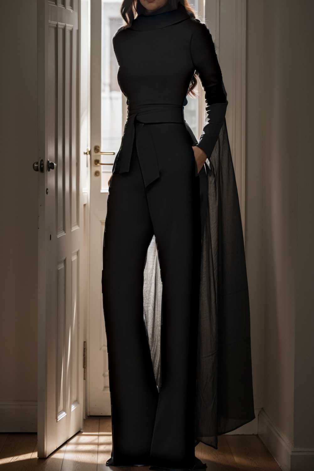 solid five point sleeve belted wide leg jumpsuit 104931