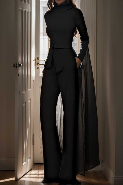 solid five point sleeve belted wide leg jumpsuit 104931