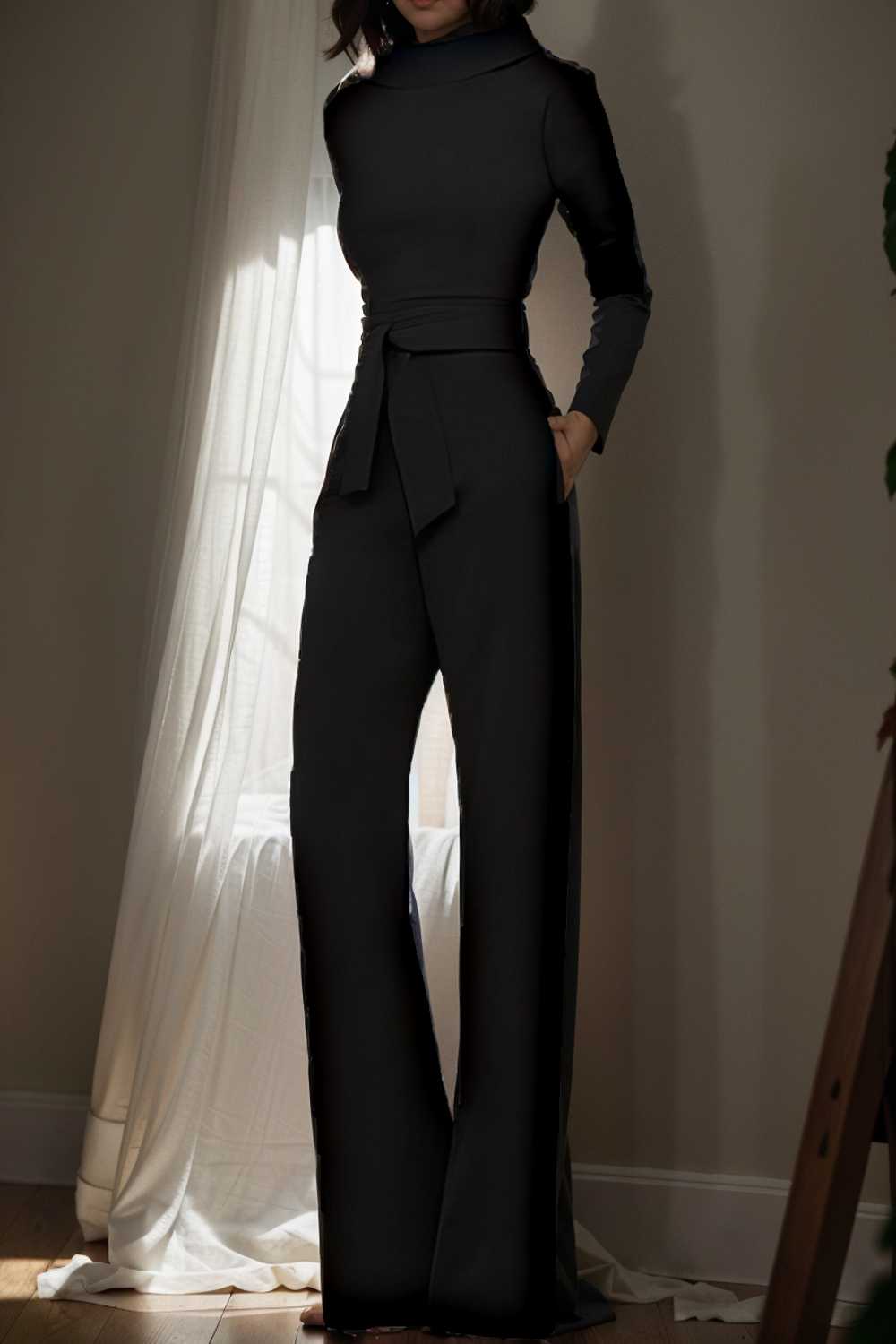 solid five point sleeve belted wide leg jumpsuit 104929