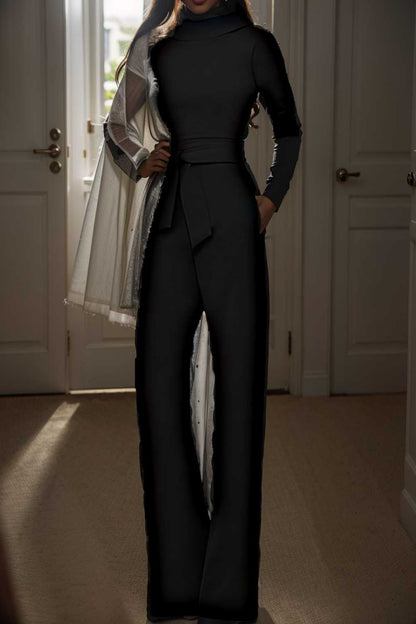 solid five point sleeve belted wide leg jumpsuit 105269