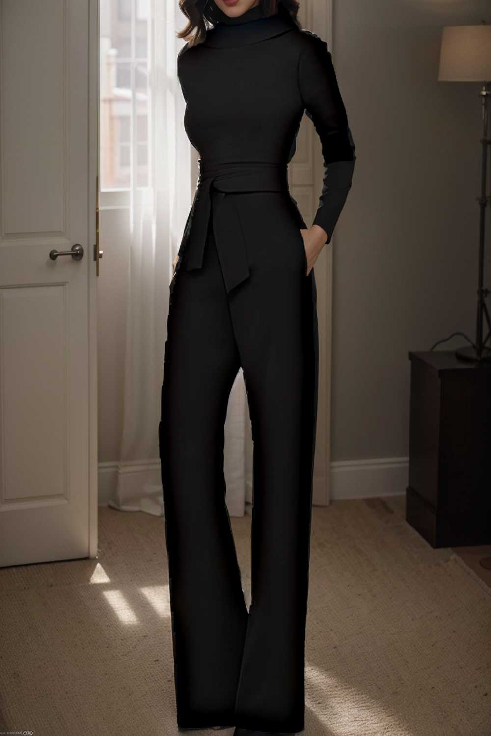 solid five point sleeve belted wide leg jumpsuit 105268