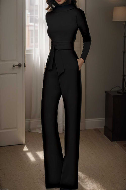 solid five point sleeve belted wide leg jumpsuit 105268
