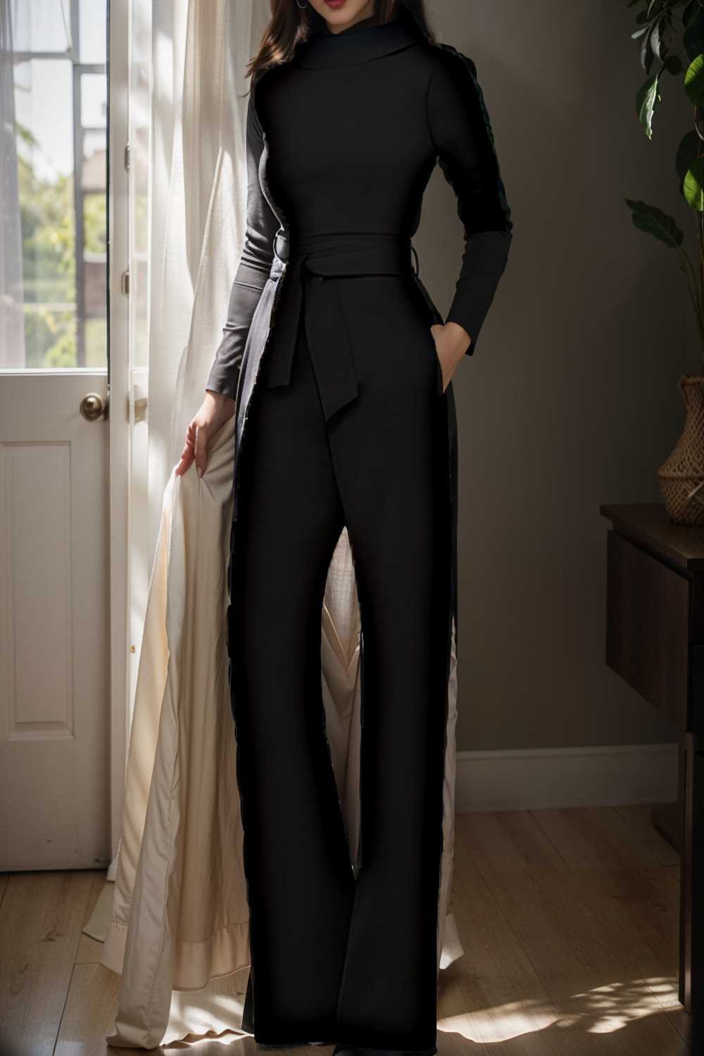 solid five point sleeve belted wide leg jumpsuit 105267