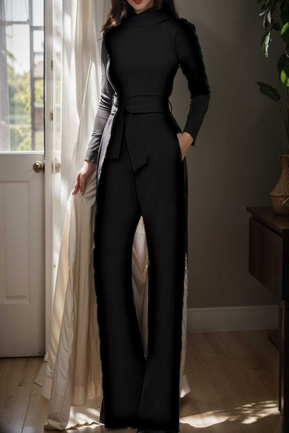 solid five point sleeve belted wide leg jumpsuit 105267