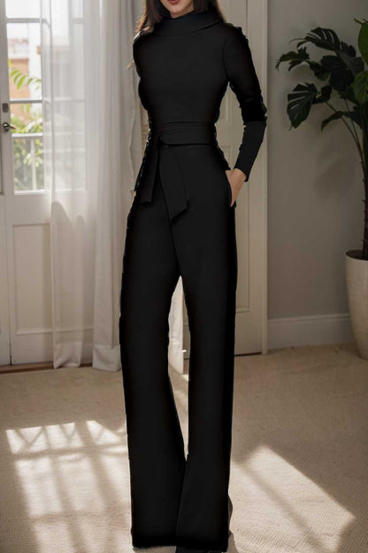 solid five point sleeve belted wide leg jumpsuit 105266