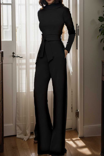 solid five point sleeve belted wide leg jumpsuit 105265