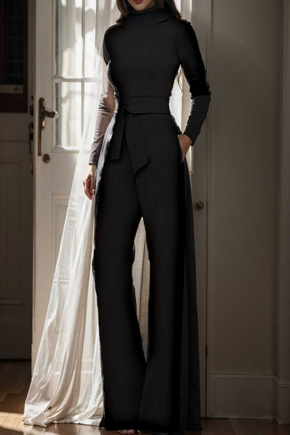 solid five point sleeve belted wide leg jumpsuit 105257