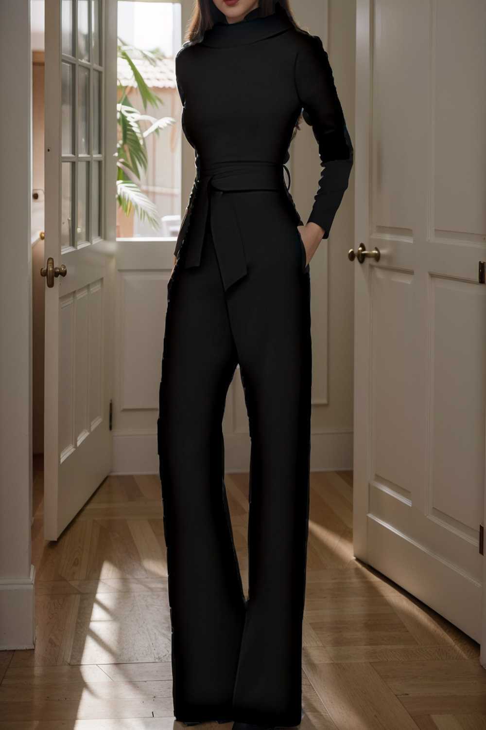 solid five point sleeve belted wide leg jumpsuit 105255