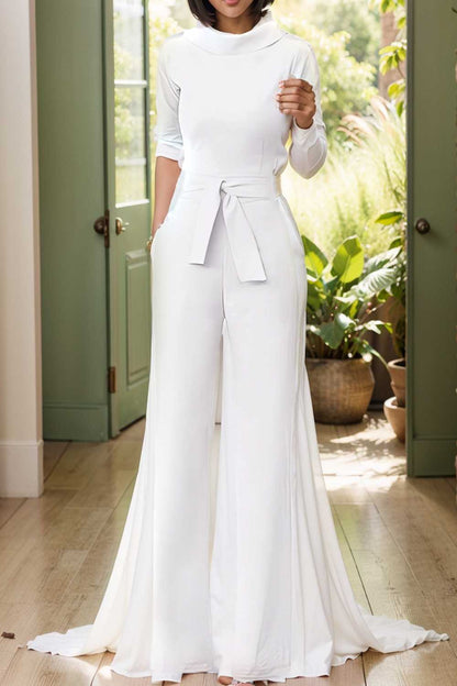 solid five point sleeve belted wide leg jumpsuit 105252