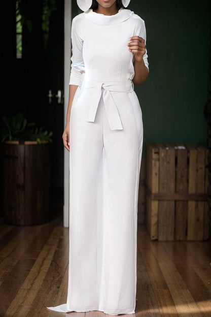 solid five point sleeve belted wide leg jumpsuit 105250