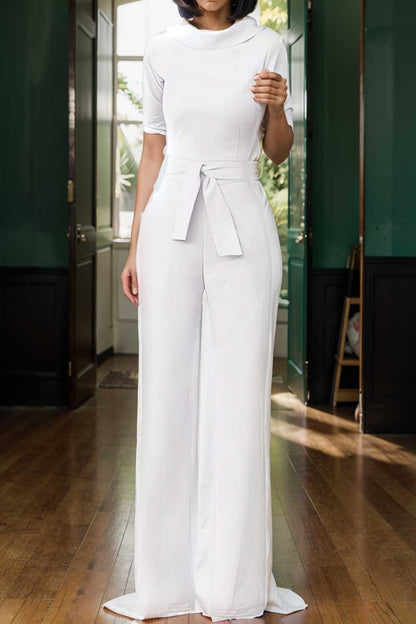 solid five point sleeve belted wide leg jumpsuit 104924