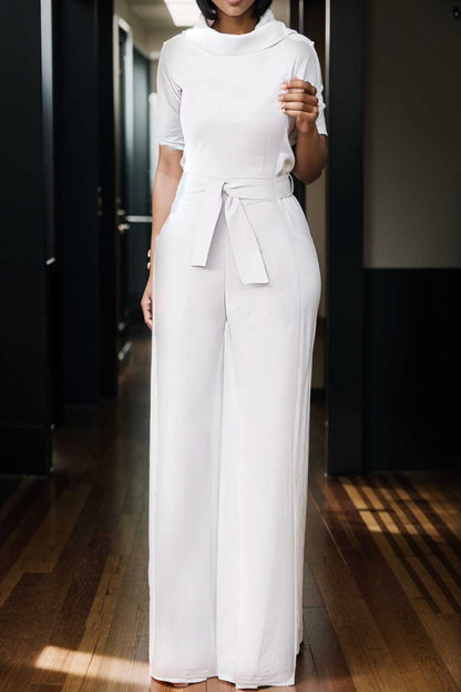 solid five point sleeve belted wide leg jumpsuit 105245