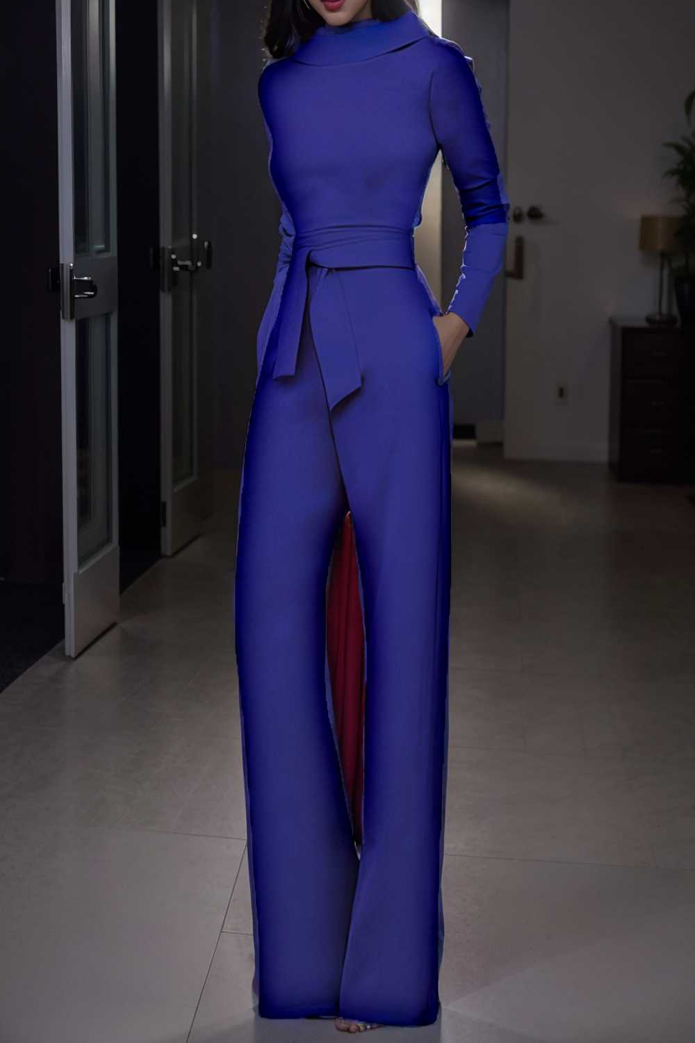 solid five point sleeve belted wide leg jumpsuit 108424