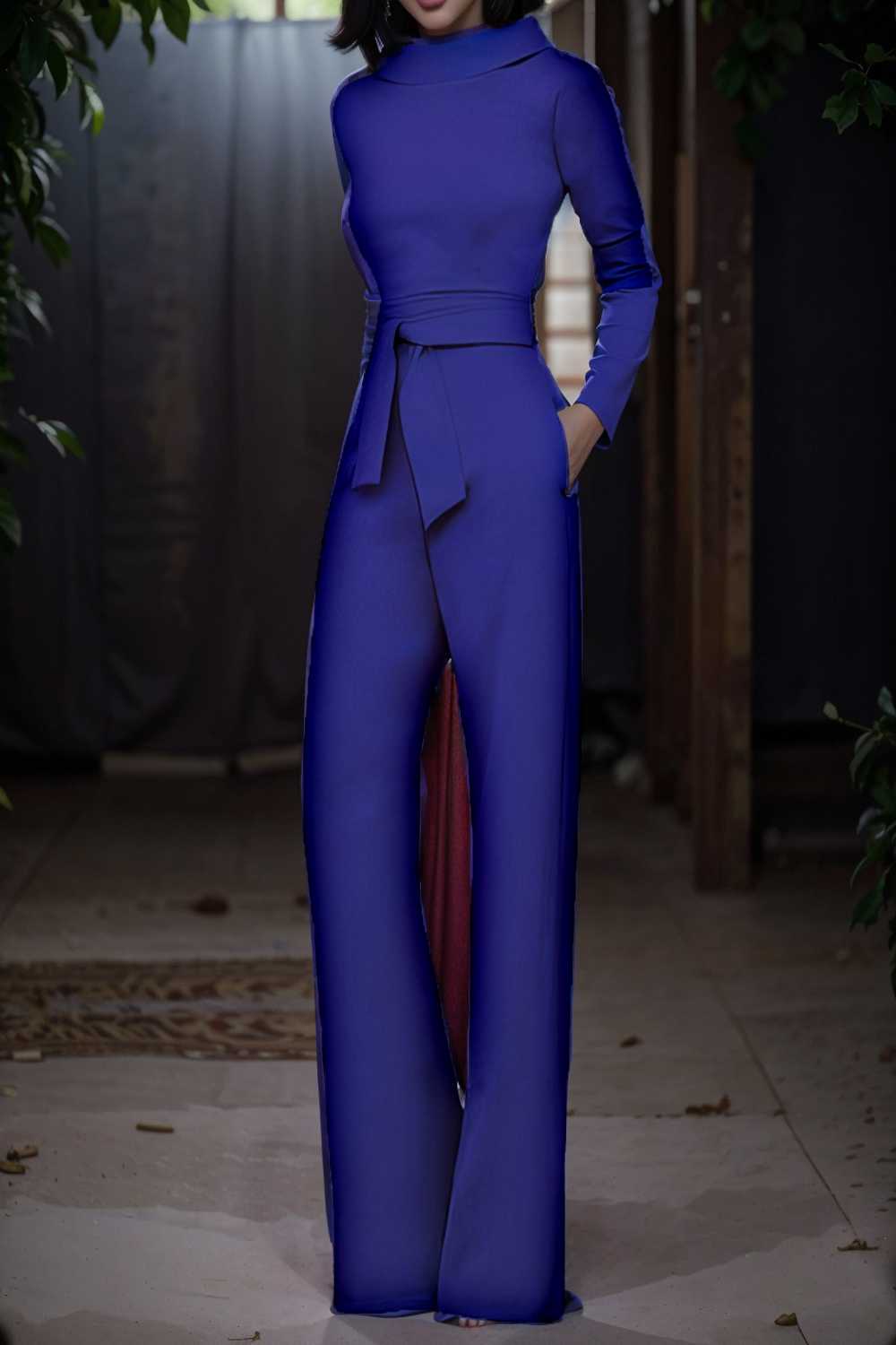 solid five point sleeve belted wide leg jumpsuit 105241