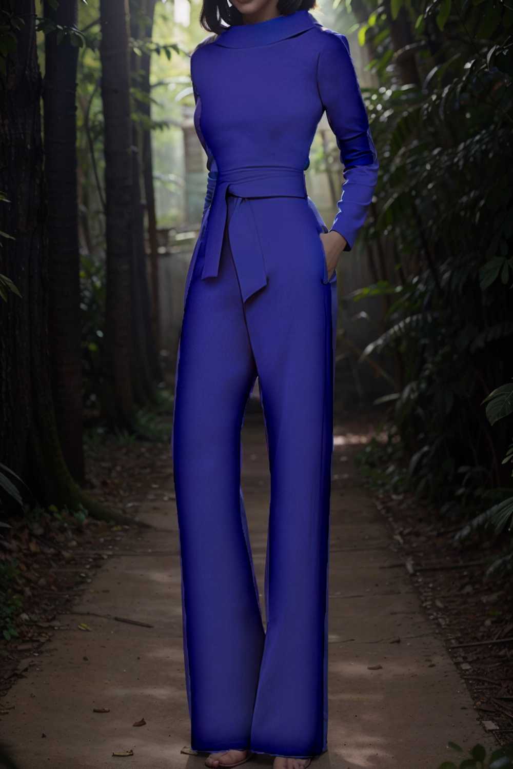 solid five point sleeve belted wide leg jumpsuit 105240