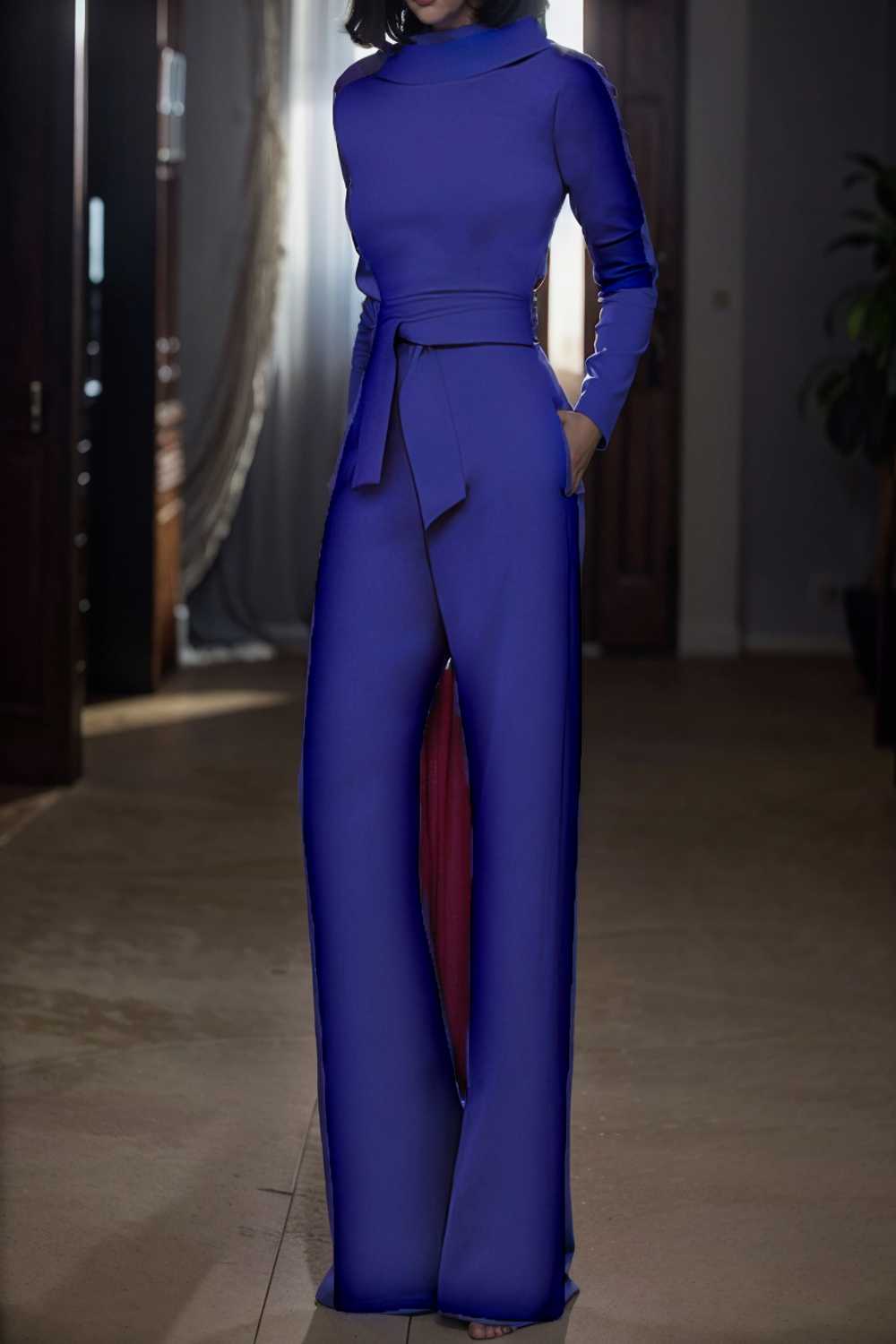 solid five point sleeve belted wide leg jumpsuit 104918