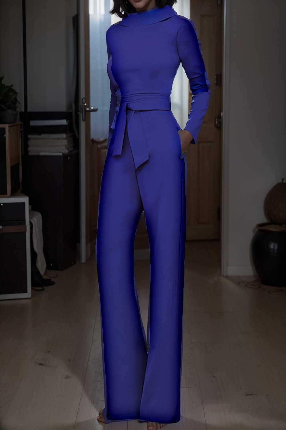 solid five point sleeve belted wide leg jumpsuit 105239