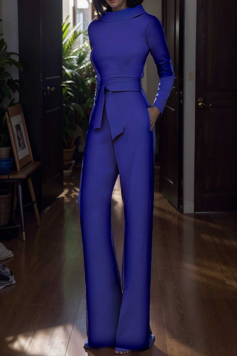 solid five point sleeve belted wide leg jumpsuit 104917