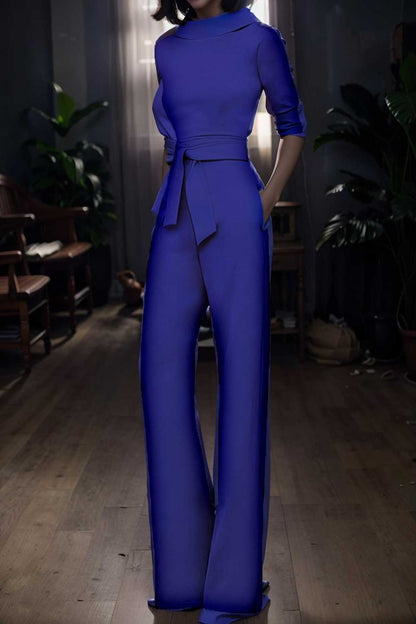 solid five point sleeve belted wide leg jumpsuit 105238