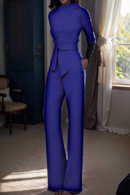 solid five point sleeve belted wide leg jumpsuit 105237