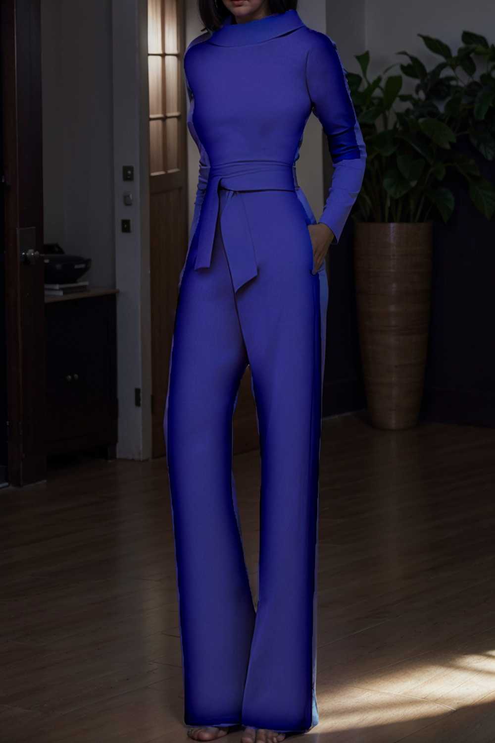 solid five point sleeve belted wide leg jumpsuit 104916