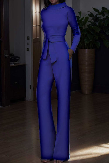 solid five point sleeve belted wide leg jumpsuit 104916