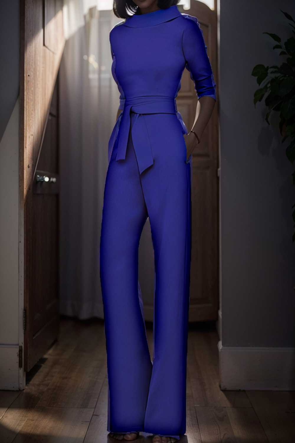 solid five point sleeve belted wide leg jumpsuit 105236