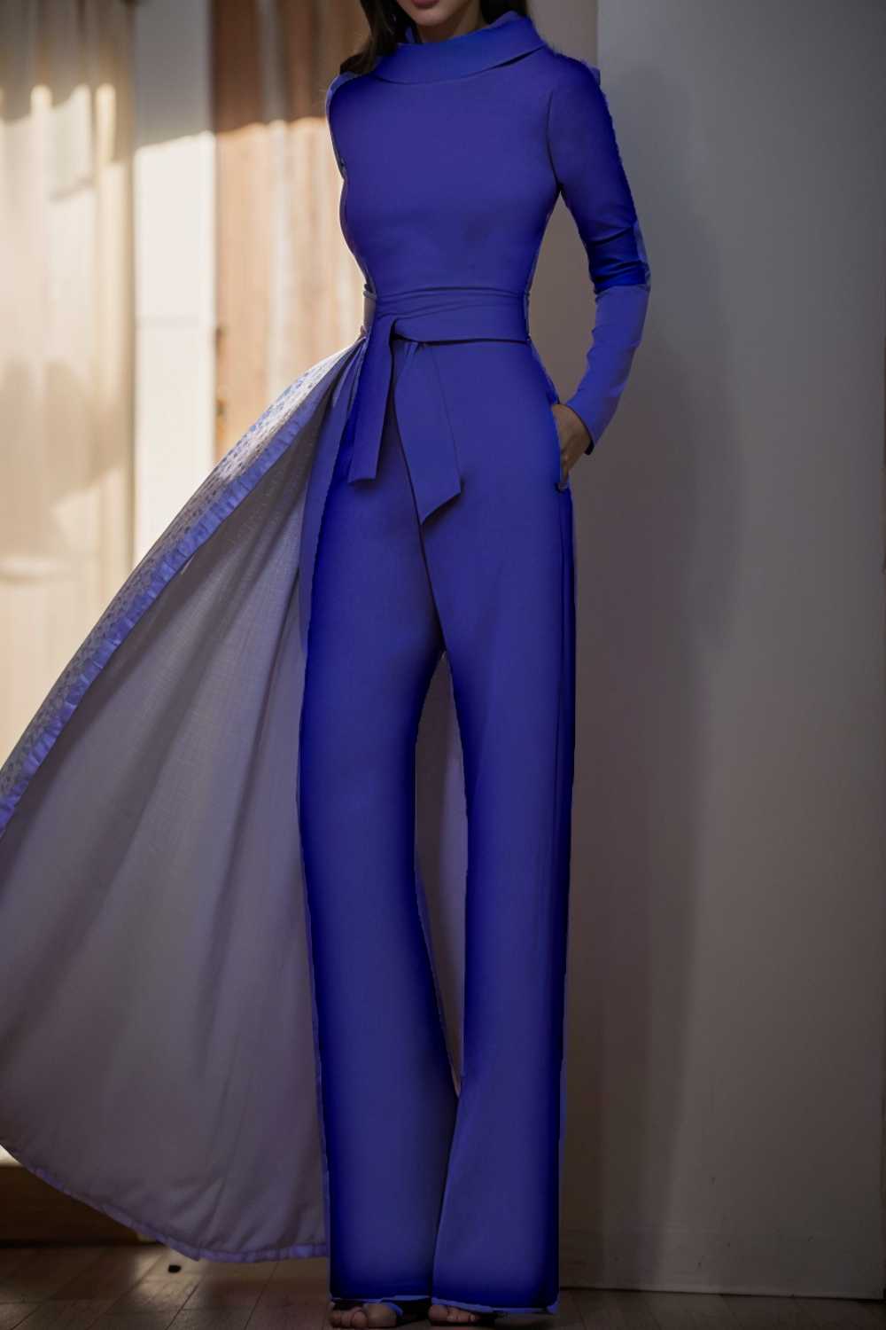 solid five point sleeve belted wide leg jumpsuit 105235
