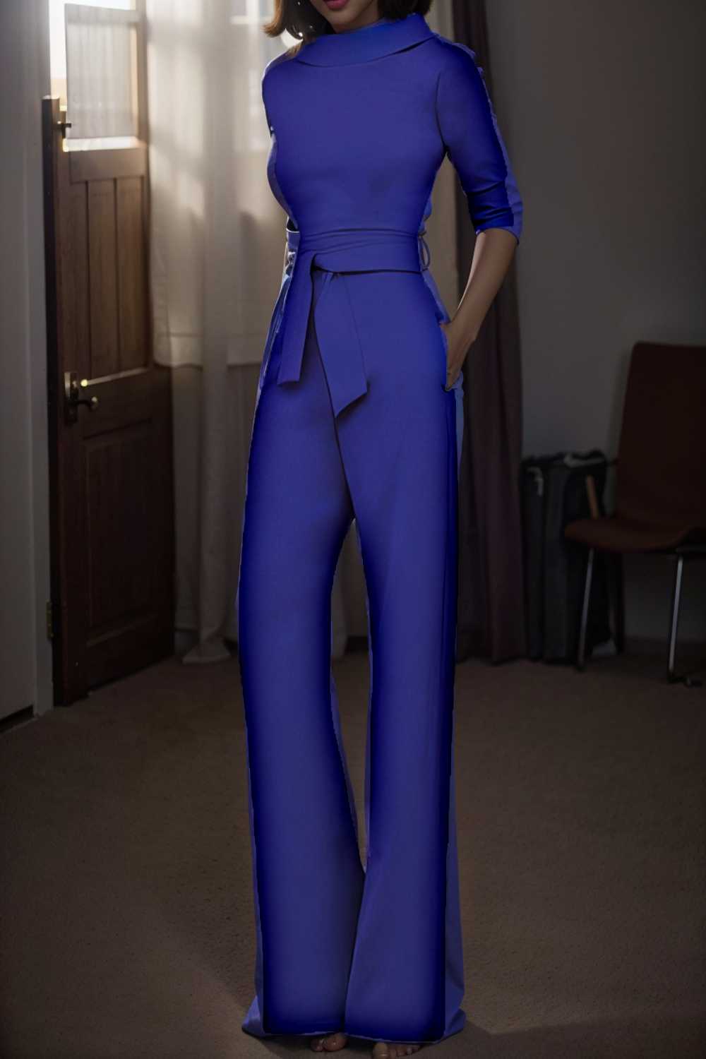 solid five point sleeve belted wide leg jumpsuit 105234
