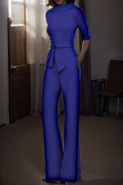 solid five point sleeve belted wide leg jumpsuit 105234