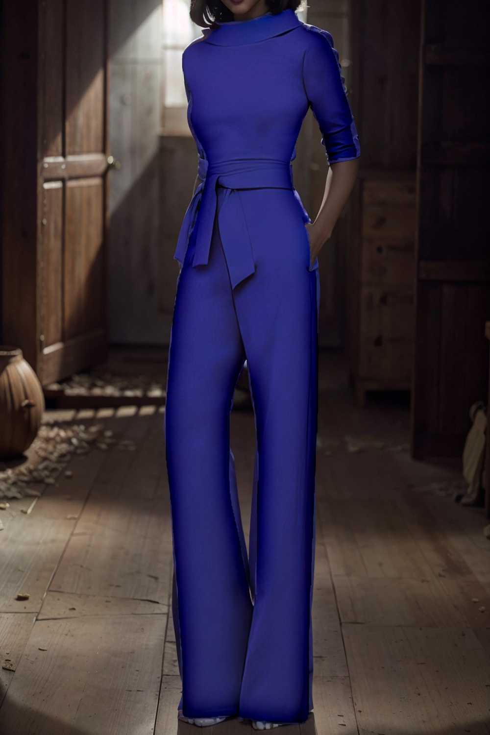 solid five point sleeve belted wide leg jumpsuit 105231
