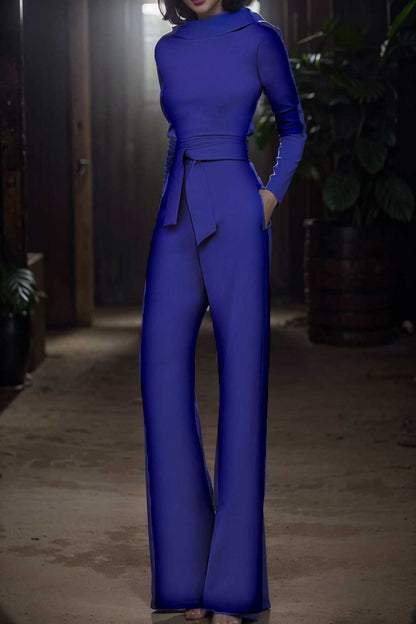 solid five point sleeve belted wide leg jumpsuit 105229