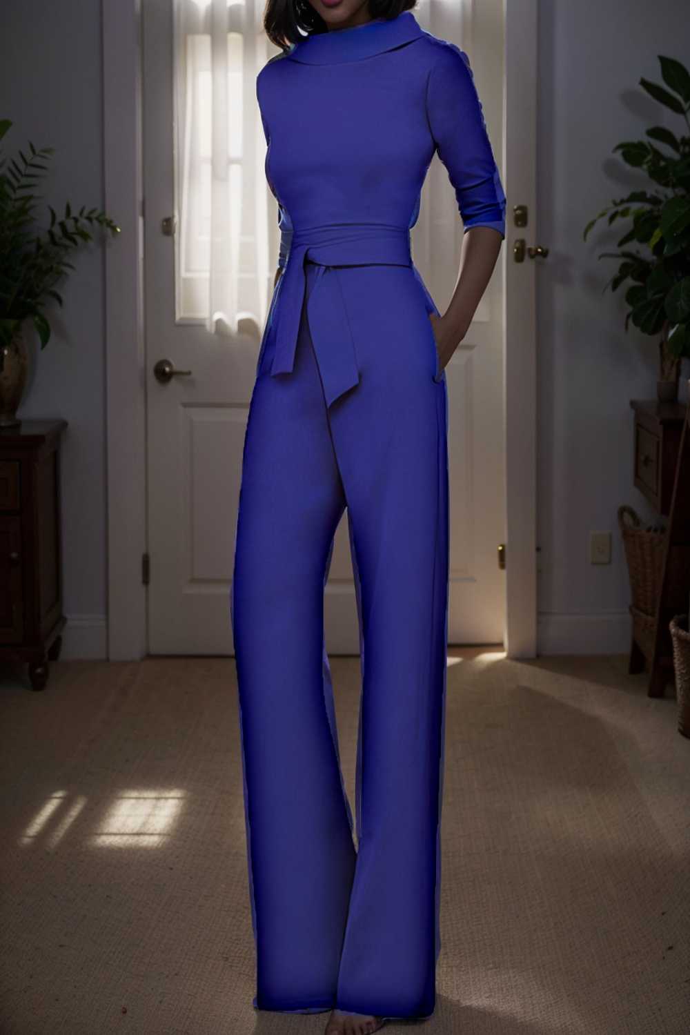 solid five point sleeve belted wide leg jumpsuit 105228