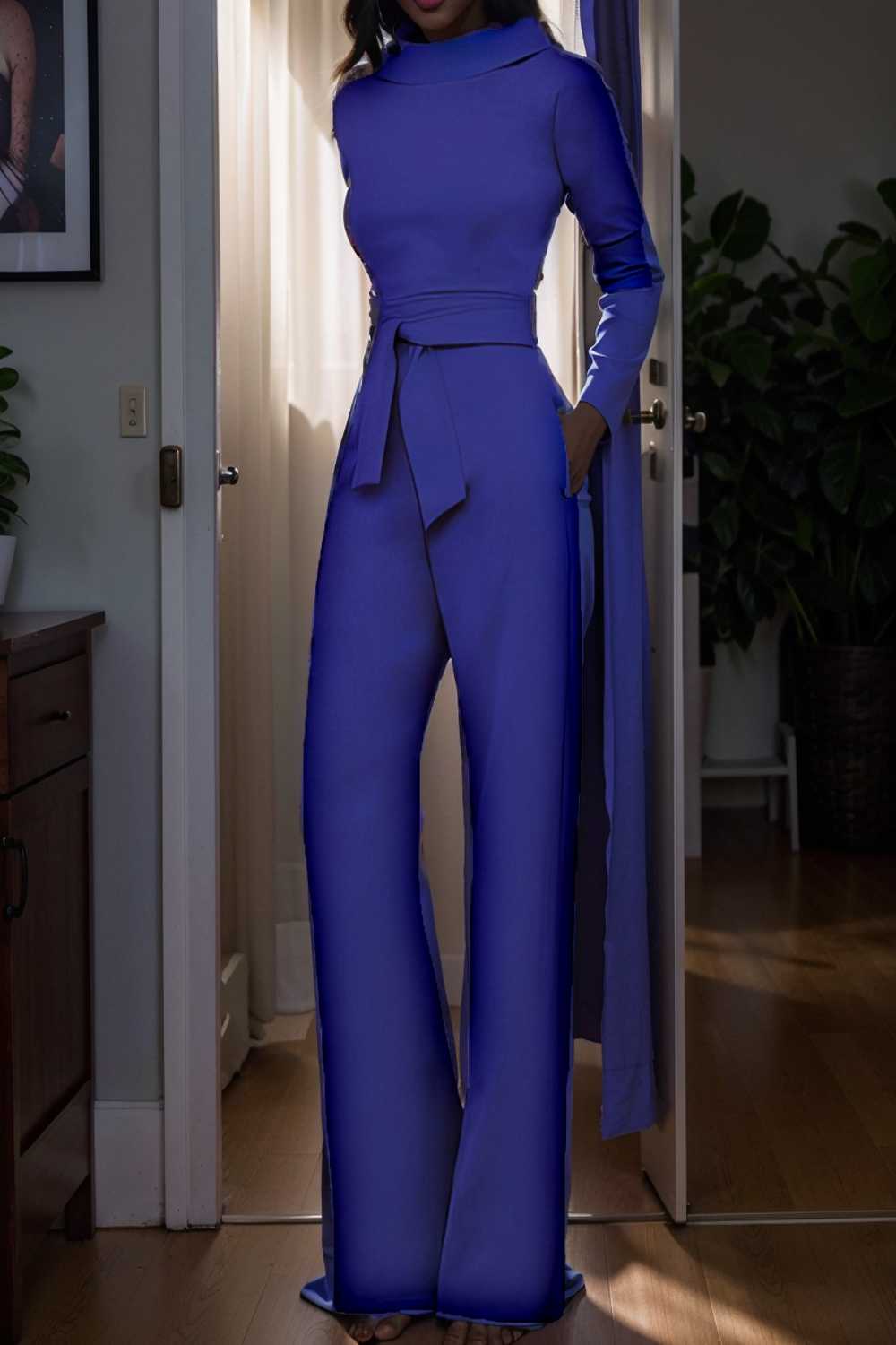 solid five point sleeve belted wide leg jumpsuit 105227