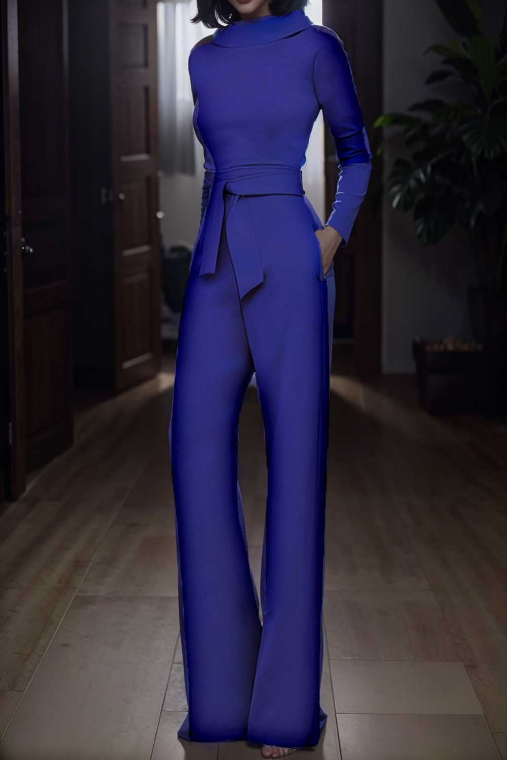 solid five point sleeve belted wide leg jumpsuit 105225