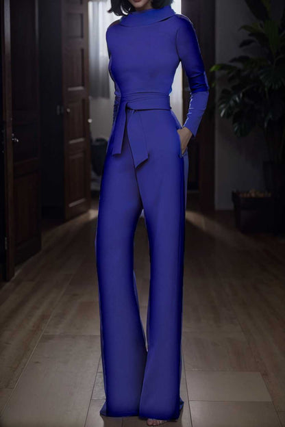 solid five point sleeve belted wide leg jumpsuit 105225