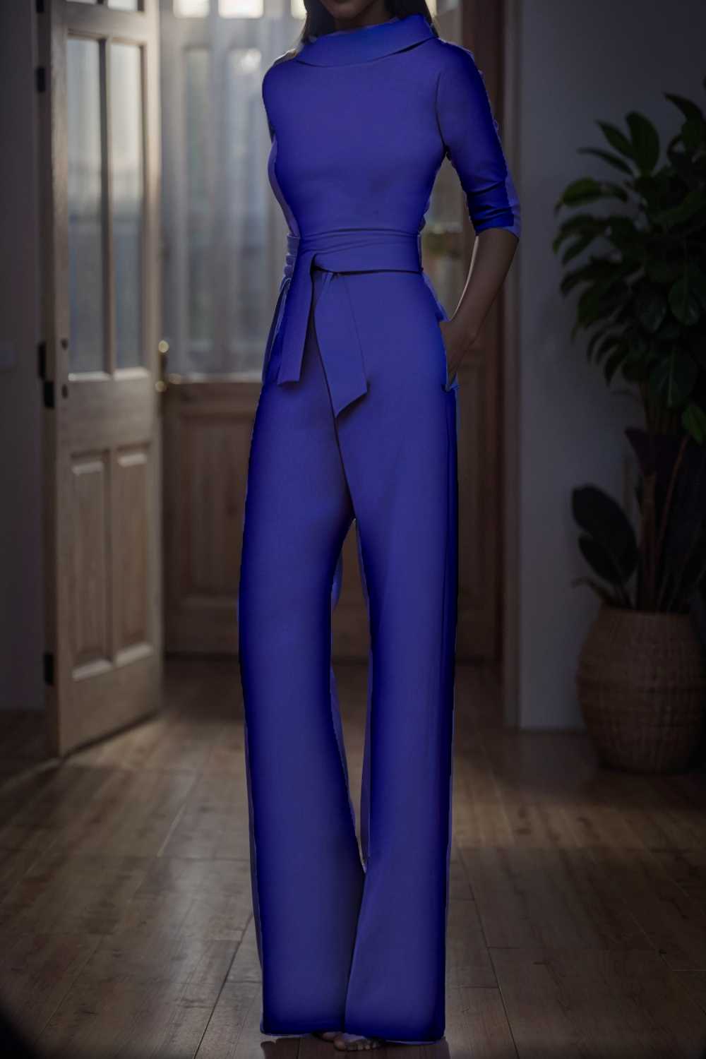solid five point sleeve belted wide leg jumpsuit 105224