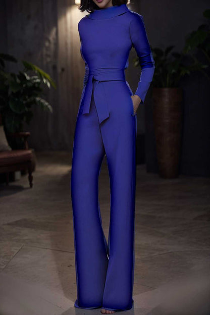solid five point sleeve belted wide leg jumpsuit 105223