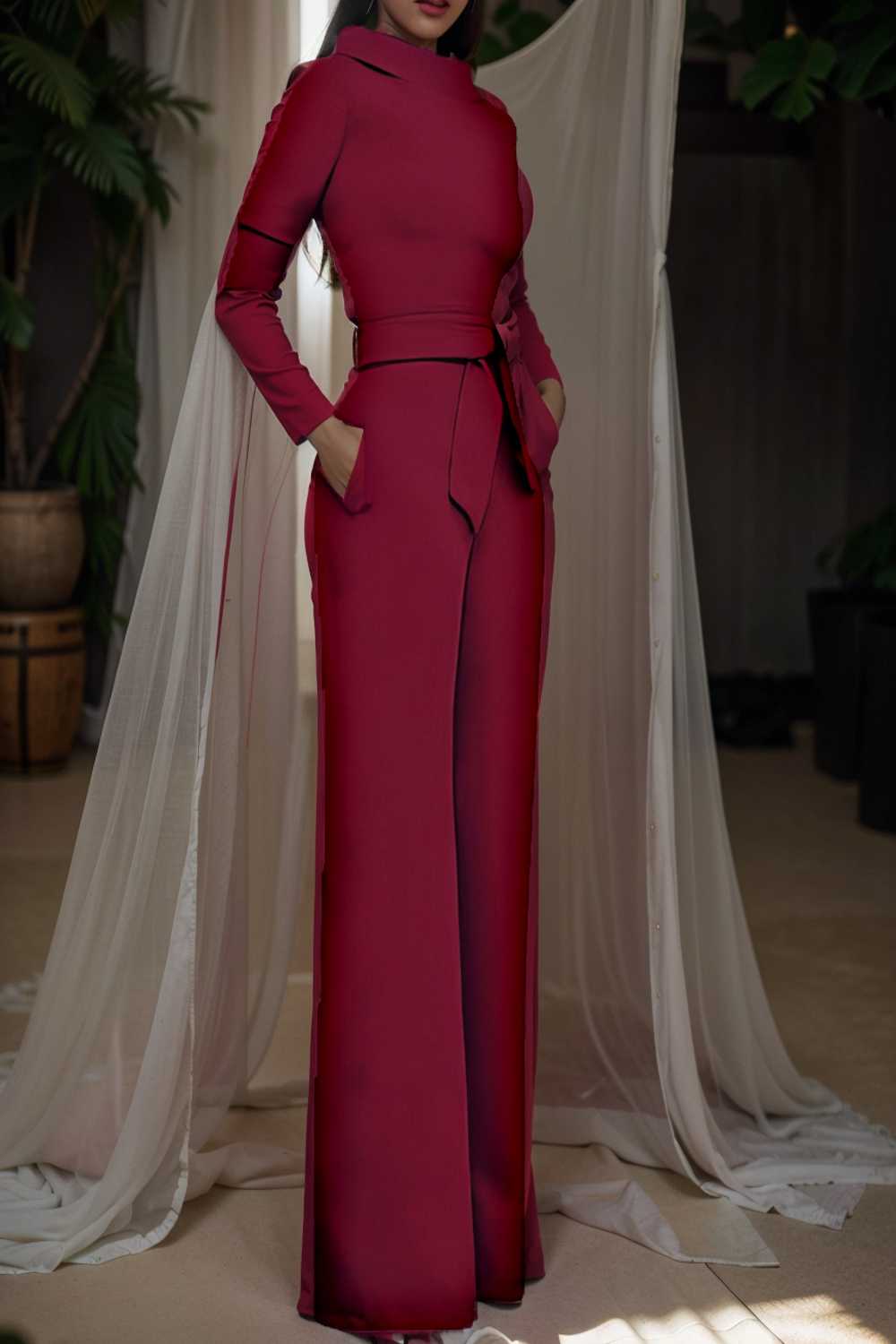 solid five point sleeve belted wide leg jumpsuit 108423