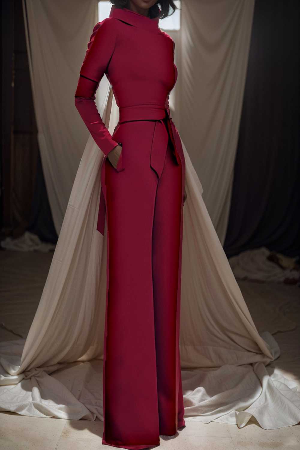 solid five point sleeve belted wide leg jumpsuit 105220