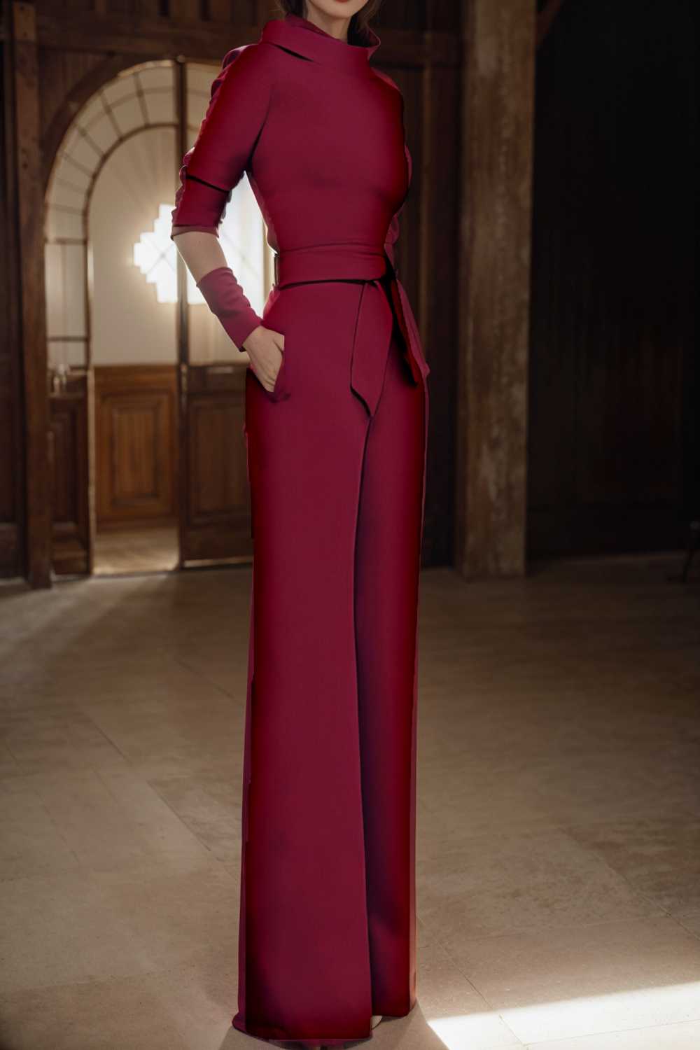 solid five point sleeve belted wide leg jumpsuit 105219