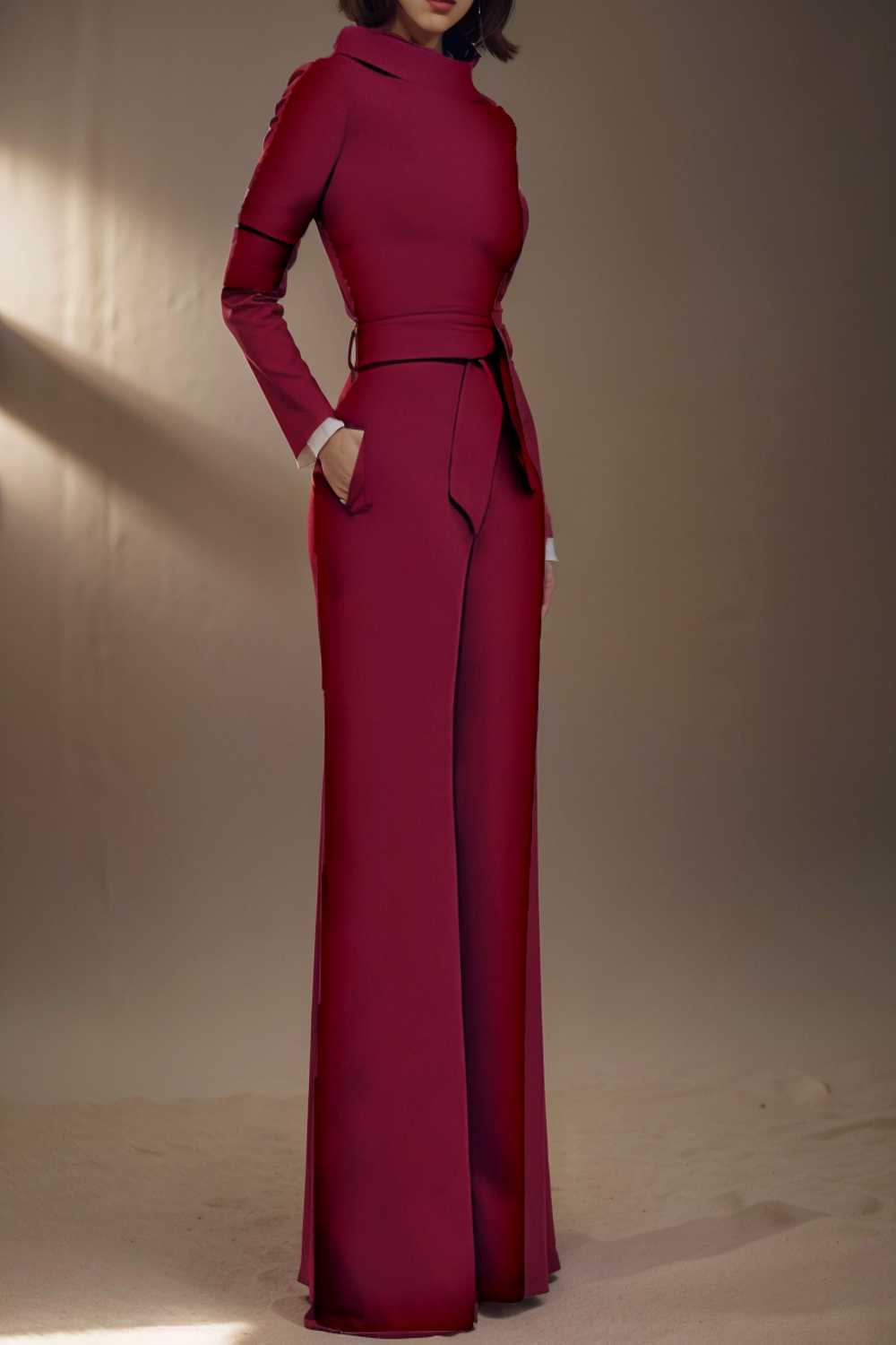 solid five point sleeve belted wide leg jumpsuit 105218